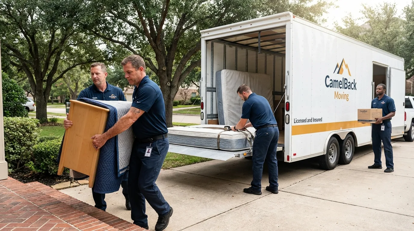 Crew loading residential truck for cross-state move from Russell, KS