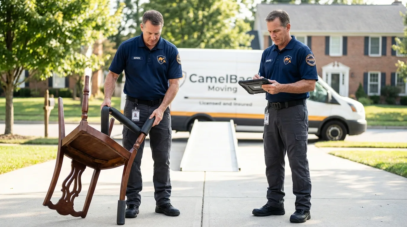 Movers inspecting furniture for damage prevention before loading in Russell, KS